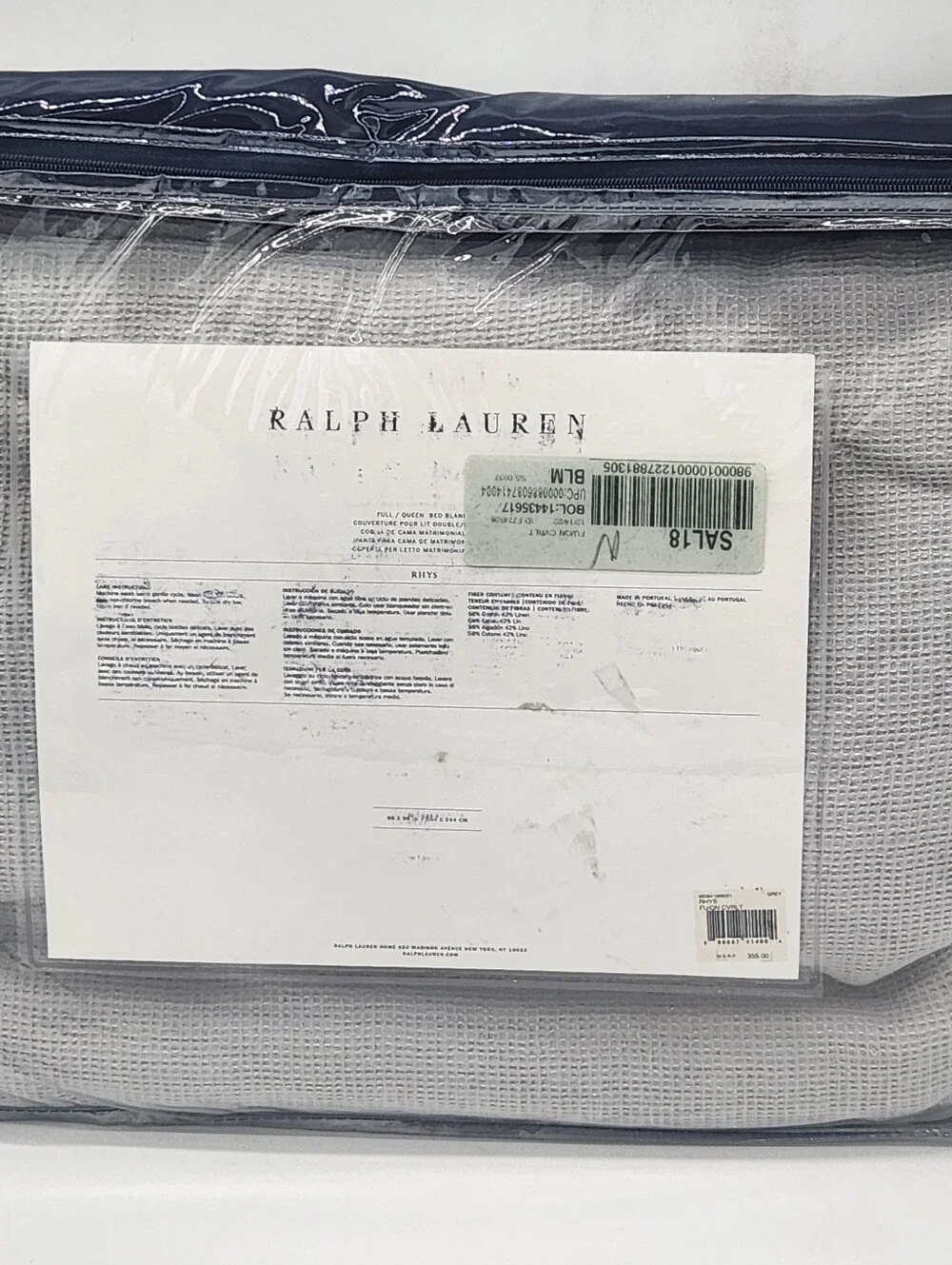 Ralph Lauren Home Rhys Full/Queen Bed Blanket Cotton Linen Waffle Grey NEW